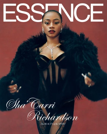 Essence magazine cover featuring Sha'Carri Richardson, an adult female in a black outfit, statement jewelry, and a dark furry jacket.