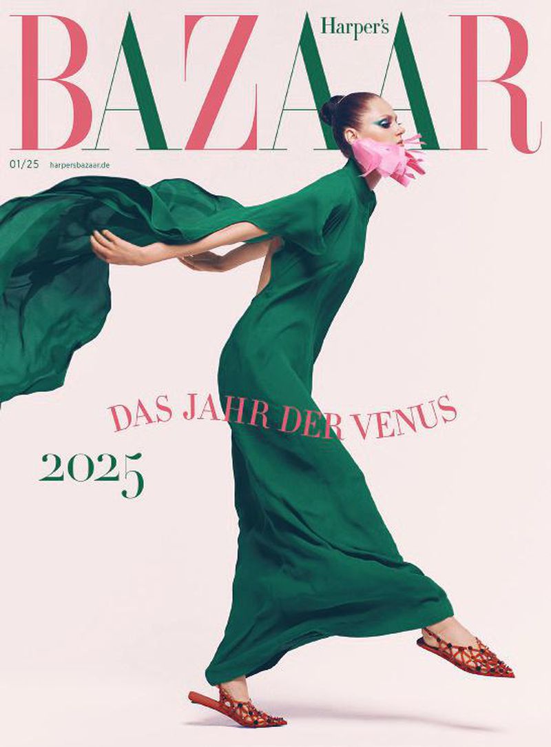 Harper's Bazaar cover featuring a woman in a green dress and a pink floral collar, posing against a light background with magazine text.