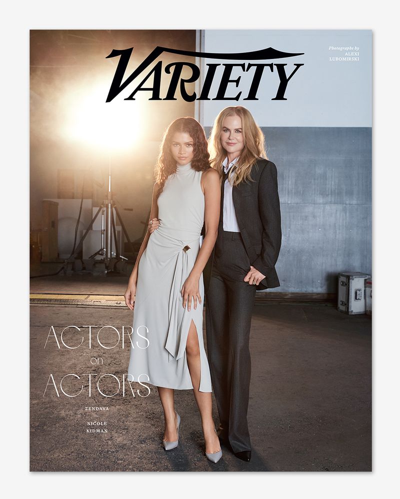 Variety magazine cover featuring actresses Zendaya in a dress and Nicole Kidman in a suit, posing together in a studio.