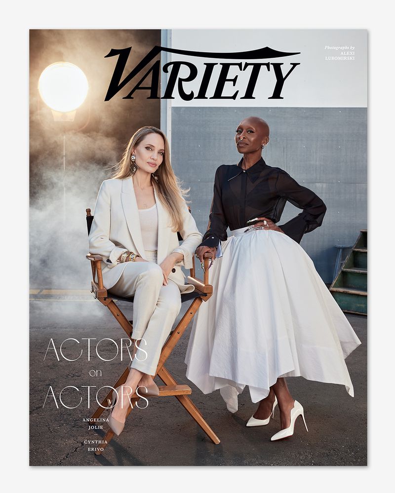 Variety Magazine cover featuring Angelina Jolie in a director's chair and Cynthia Erivo in a black blouse and white skirt.