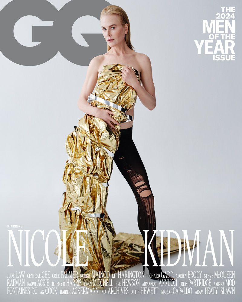 Magazine cover featuring Nicole Kidman. The 2024 'Men of the Year' issue shows Kidman in gold fabric and black tights against a white background.