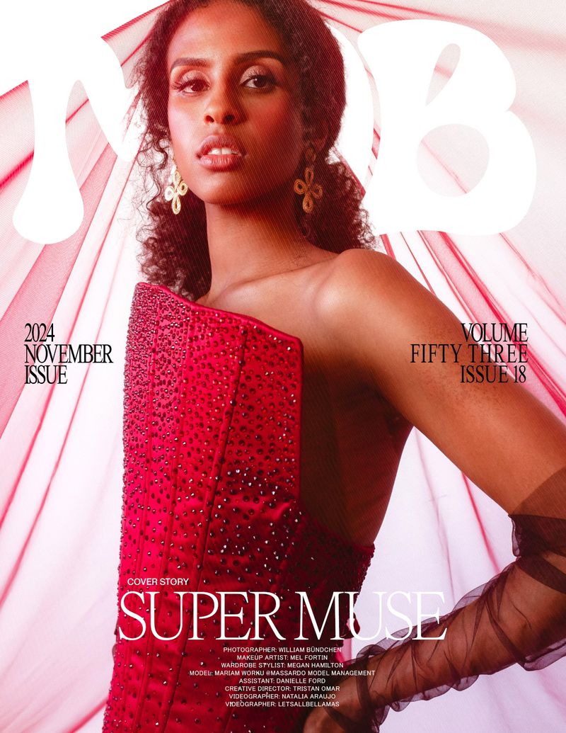 Magazine cover features a model in a red, sequined dress with dramatic tulle background. Text includes 'Super Muse'.