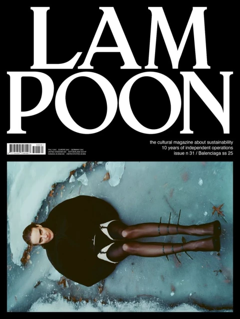 Magazine cover featuring a woman in a black dress and white shoes lying on an icy surface, promoting sustainability and independent operations.