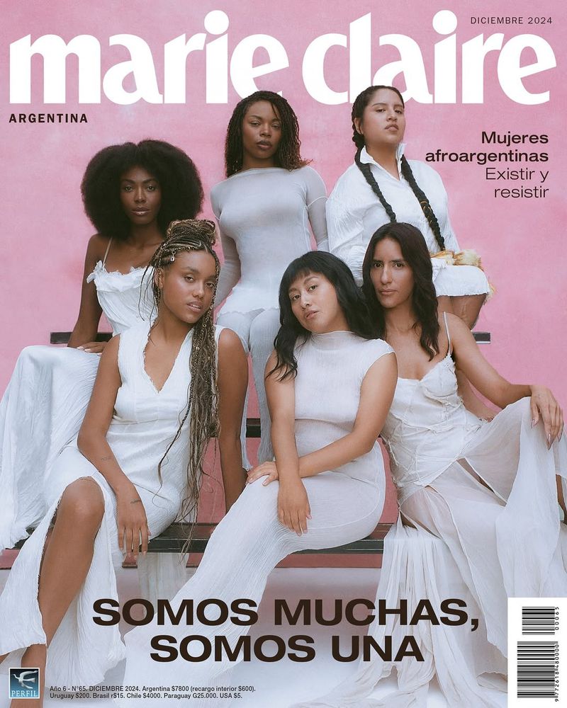 Marie Claire Argentina December 2024 cover featuring six diverse women in white dresses, posing indoors with a pink background and visible magazine text.