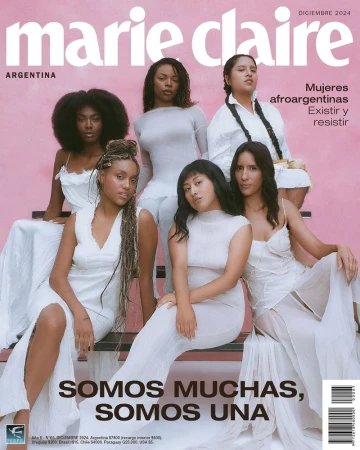 Marie Claire Argentina December 2024 cover featuring six diverse women in white dresses, posing indoors with a pink background and visible magazine text.