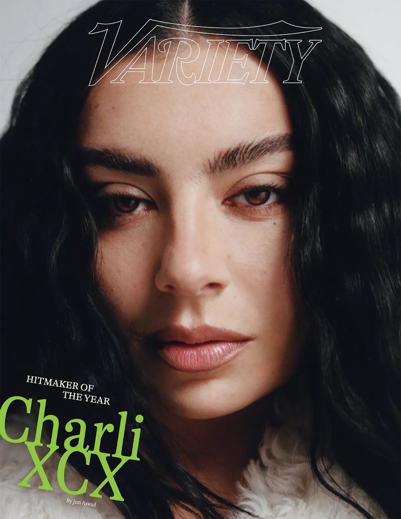 Close-up studio shot of Charli XCX on the cover of Variety magazine with dark hair and light complexion. The text reads: 'Charli XCX'.