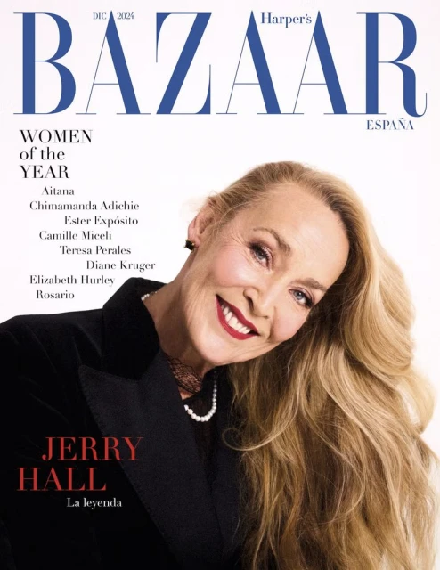 Magazine cover featuring Jerry Hall with blonde hair and a black jacket. Harper's Bazaar logo, 'Women of the Year' headline, and other text.