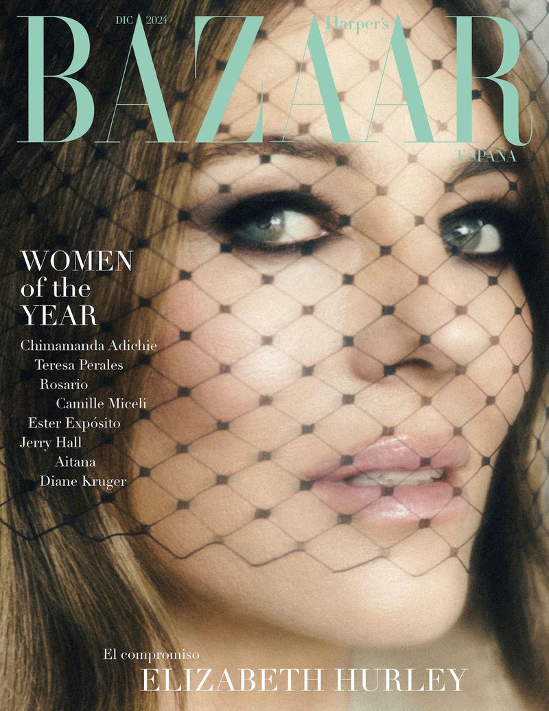 Harper's Bazaar magazine cover featuring a close-up of Elizabeth Hurley with a sheer veil, makeup, and stylish lighting.