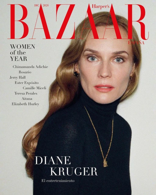 Magazine cover featuring Diane Kruger: Blonde woman in a black turtleneck sweater with a gold necklace, against a neutral backdrop. Bazaar masthead.