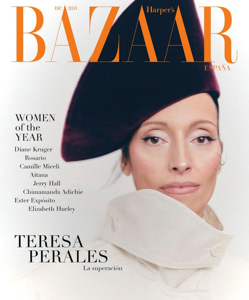 Magazine cover featuring Teresa Perales in a close-up shot. Bazaar logo is at the top, with the words 'Women of the Year' printed on the left.