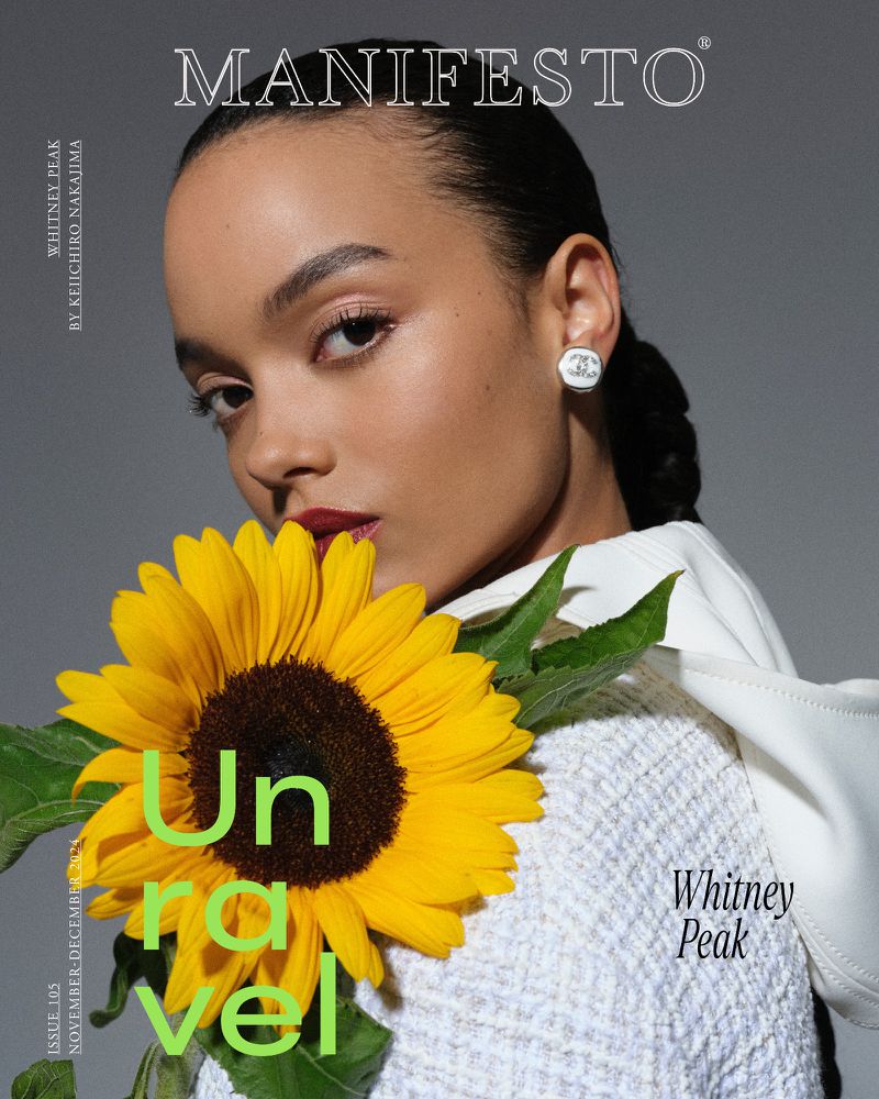 Magazine cover featuring Whitney Peak with a large sunflower. Portrait framing, grey background, clear text layout for branding.