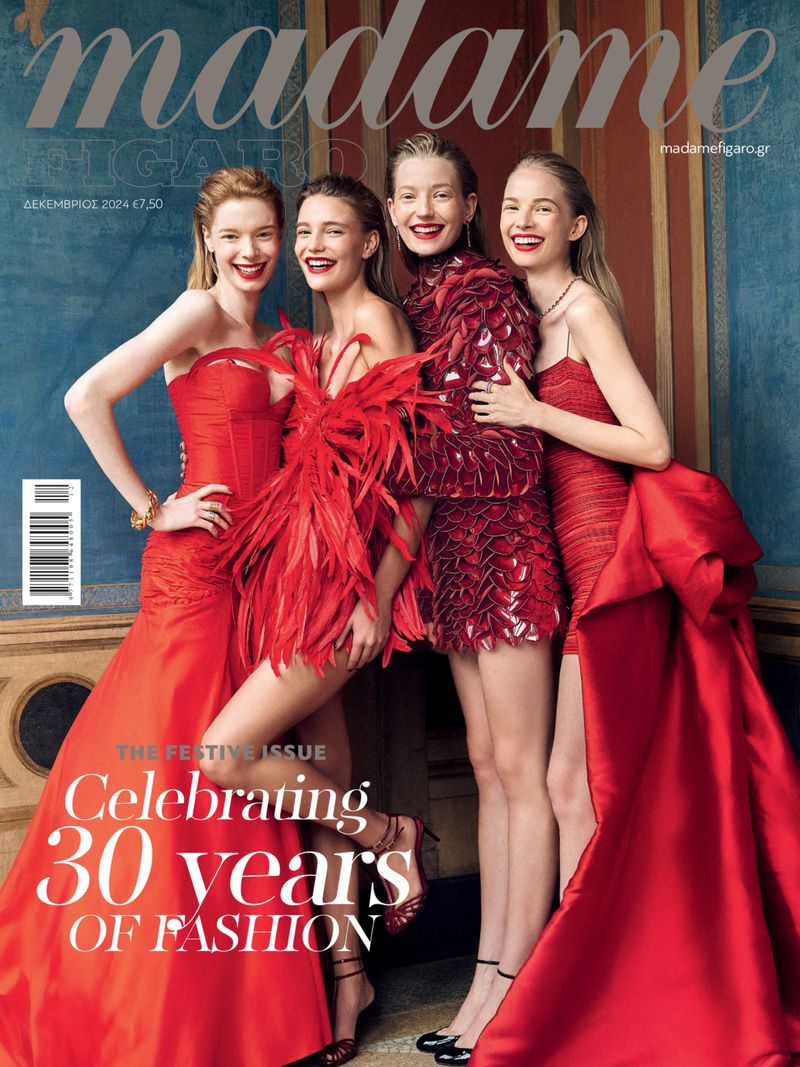 Magazine cover featuring four smiling women in red dresses. The cover celebrates 30 years of fashion with the Madame Figaro logo.