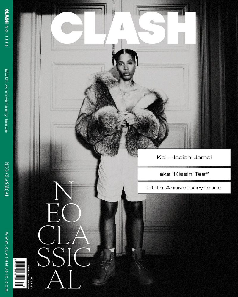 Magazine cover featuring Kai-Isaiah Jamal wearing a fur coat and shorts, standing in front of a white door in a gray-scale composition.
