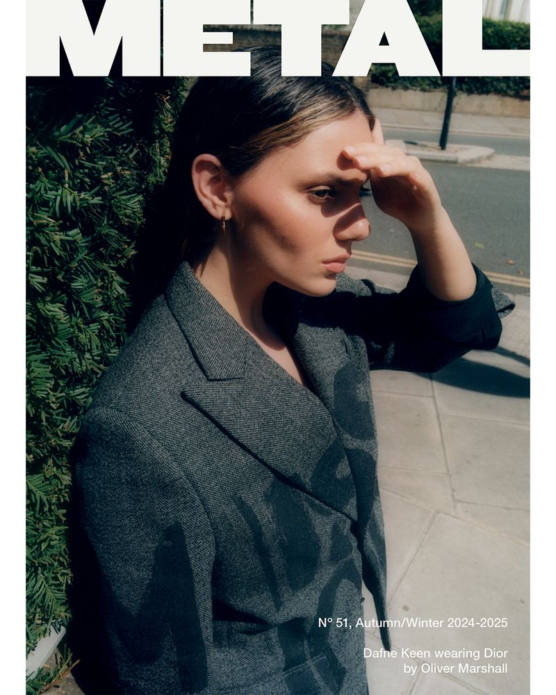 Metal magazine cover featuring Dafne Keen wearing Dior blazer, outdoors with greenery and urban background, Autumn/Winter 2024-2025 issue.