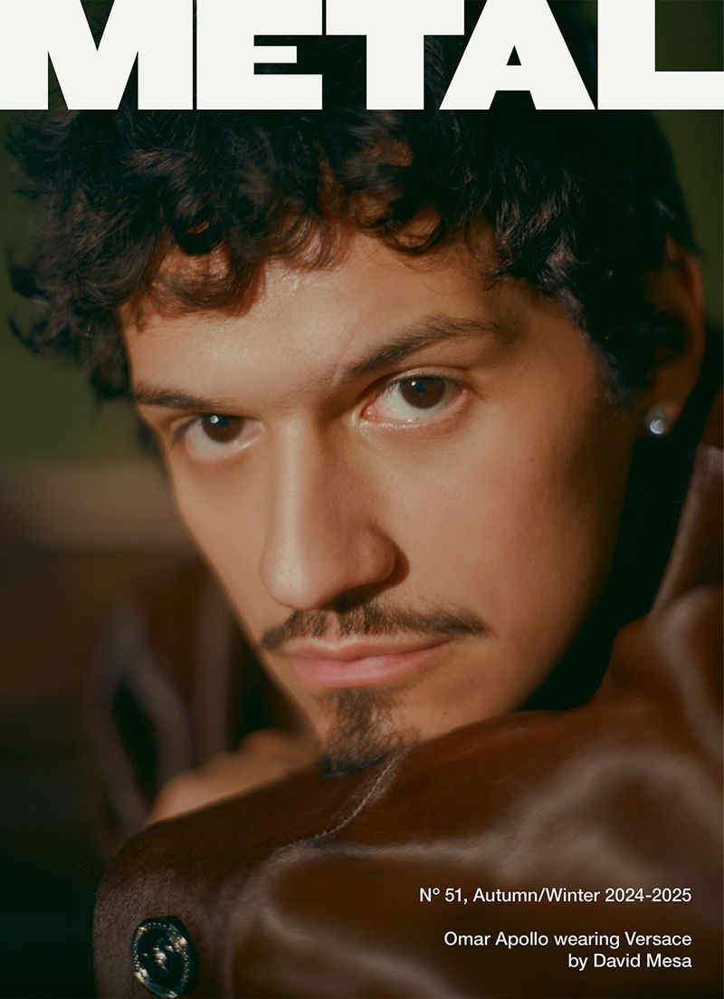 Close-up of Omar Apollo on the cover of Metal magazine, Autumn/Winter 2024-2025 issue. He is wearing Versace. The image is by David Mesa.
