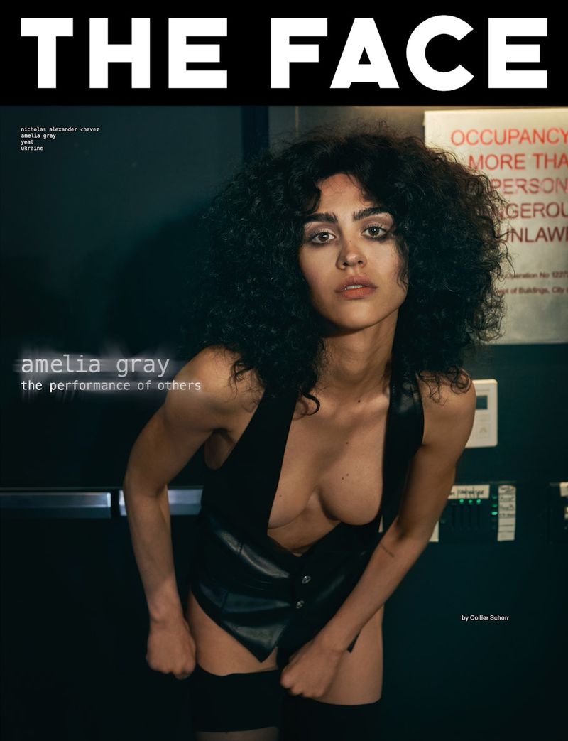 Magazine cover featuring Amelia Gray wearing a black vest, and stocking in a dimly lit interior. "The Face" is visible at the top.