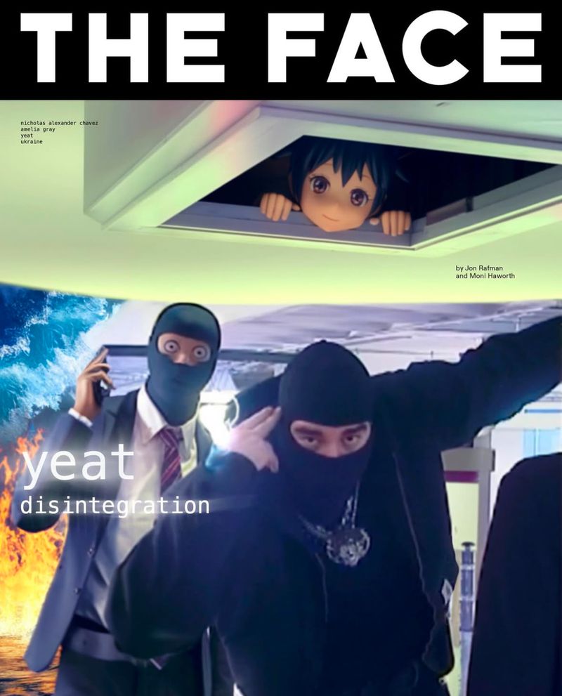Creative image with anime character in a window, two people in balaclavas, and surreal background elements. Image includes the text 'The Face'.