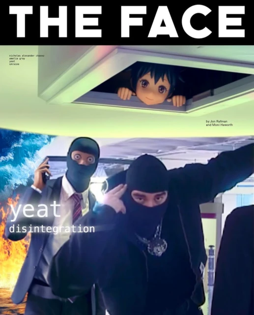 Creative image with anime character in a window, two people in balaclavas, and surreal background elements. Image includes the text 'The Face'.