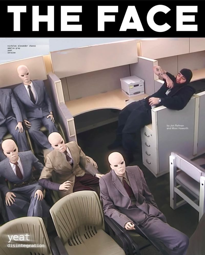 Album cover with a suited man in a cubicle alongside mannequin-like figures, contrasting with the title 'The Face' and artist name.