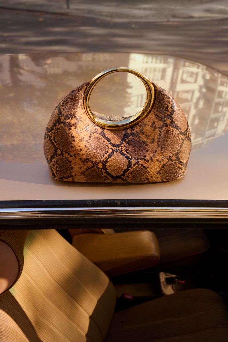 Fashionable snakeskin-patterned handbag with a round handle inside of a car, showcasing texture, style, and automotive setting.