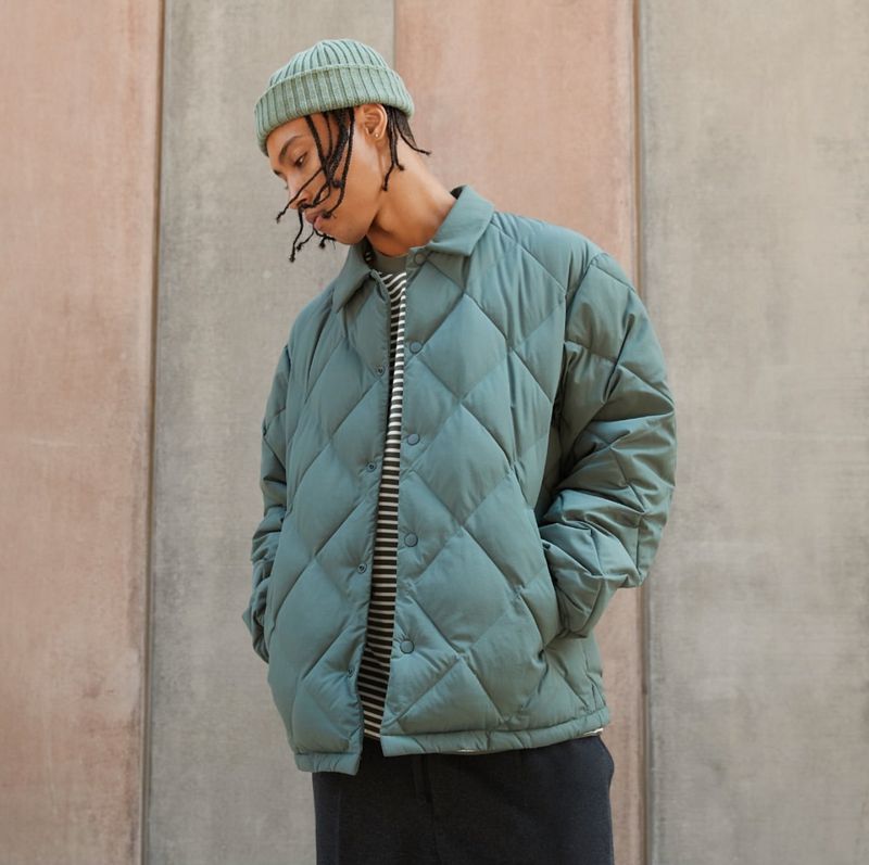 A light-skinned man stands outdoors wearing a sage green quilted jacket, striped shirt, dark pants, and a matching beanie, against a wall.