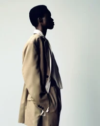 Side profile of a model wearing an oversized beige tailored blazer and draped white shirt against a plain light background.