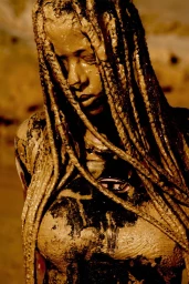 Model completely covered in thick wet brown mud with dreadlocks framing the face and a metallic logo badge on the chest.