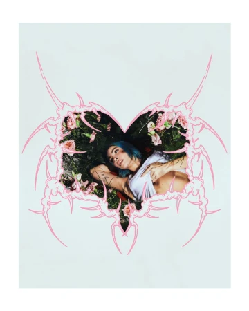 A woman with blue hair is lying in the grass surrounded by pink flowers, viewed through a heart-shaped frame with ornate, abstract details.