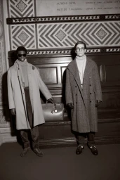 Two male models in coats and turtlenecks posing in an ornate interior space for Dunhill AW25