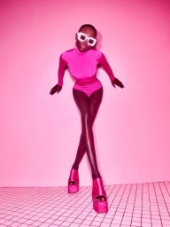 Amina Seck wearing a bright pink turtleneck bodysuit, white sunglasses, and pink platform heels against a pink background on tiled floor.