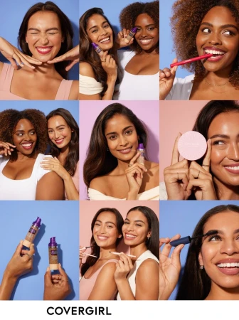 Collage of diverse smiling women using COVERGIRL makeup products on blue and peach backgrounds. Makeup brushes, foundation, and powder visible.