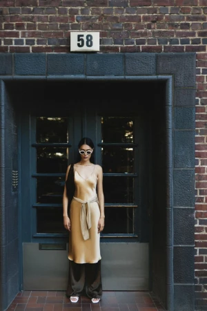 Model in a gold silk slip dress standing in front of a dark doorway beneath a brick building exterior with building number 58.