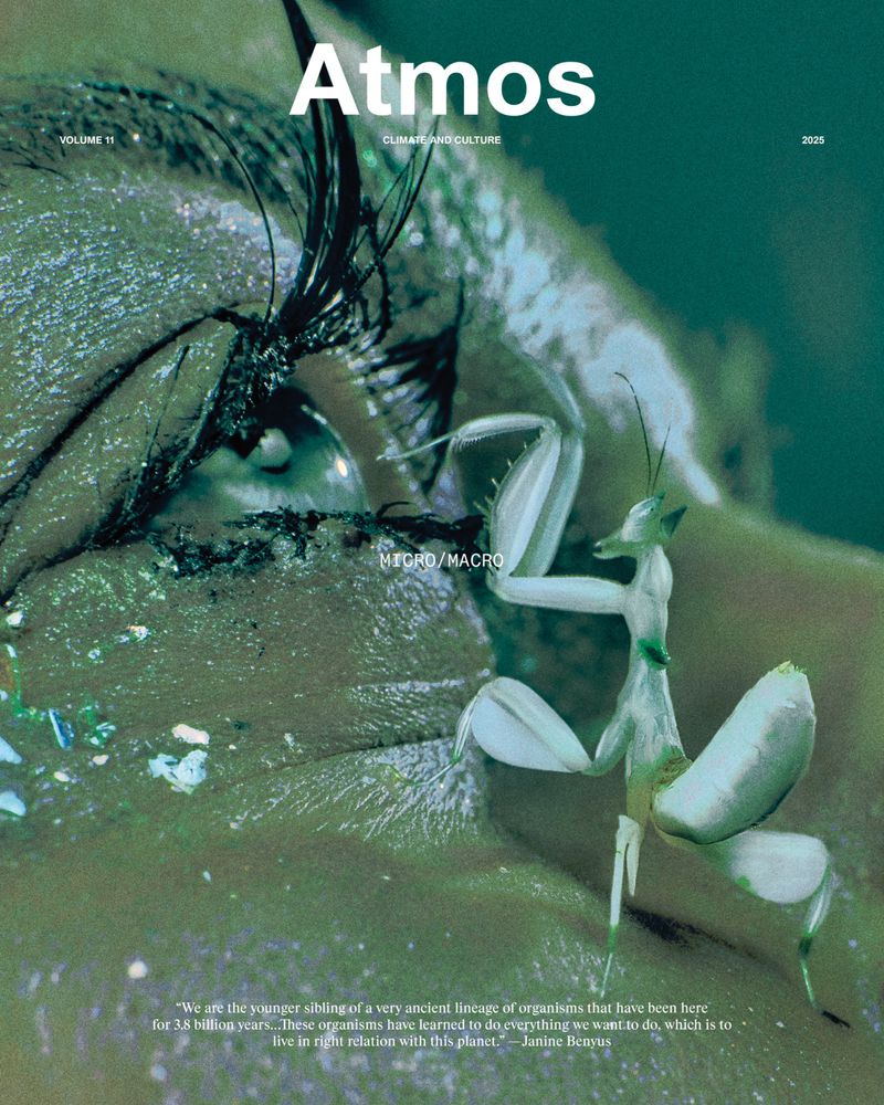 Close-up magazine cover shot of a human eye with an insect resting on it. The magazine is titled Atmos, Volume 11, 2015.