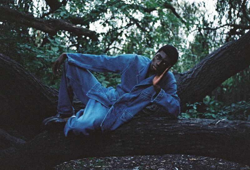 Young Black man in blue denim loungewear relaxes on a fallen tree trunk in a verdant forest with dappled light filtering through the leaves.