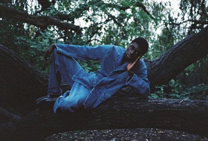 Young Black man in blue denim loungewear relaxes on a fallen tree trunk in a verdant forest with dappled light filtering through the leaves.