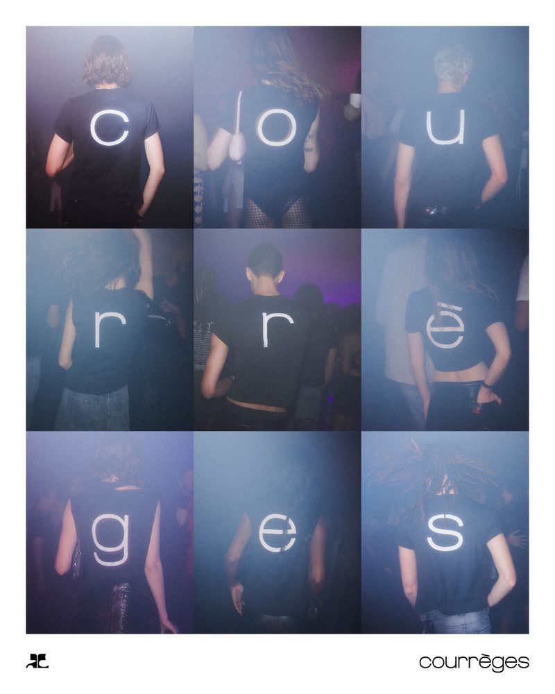 Nine people wearing black shirts with white Courrèges letters on the back stand in a grid-like collage in a dark, smoky club.