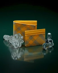 Yellow check Burberry leather wallet and matching cardholder arranged with crystal decanter stoppers on a reflective dark green surface.