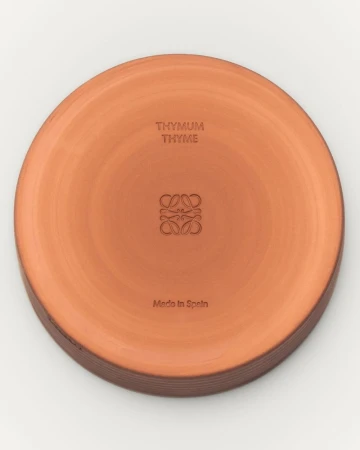 Terracotta plate features a smooth, circular design, subtly textured surface, and a central logo. Set against a white background.