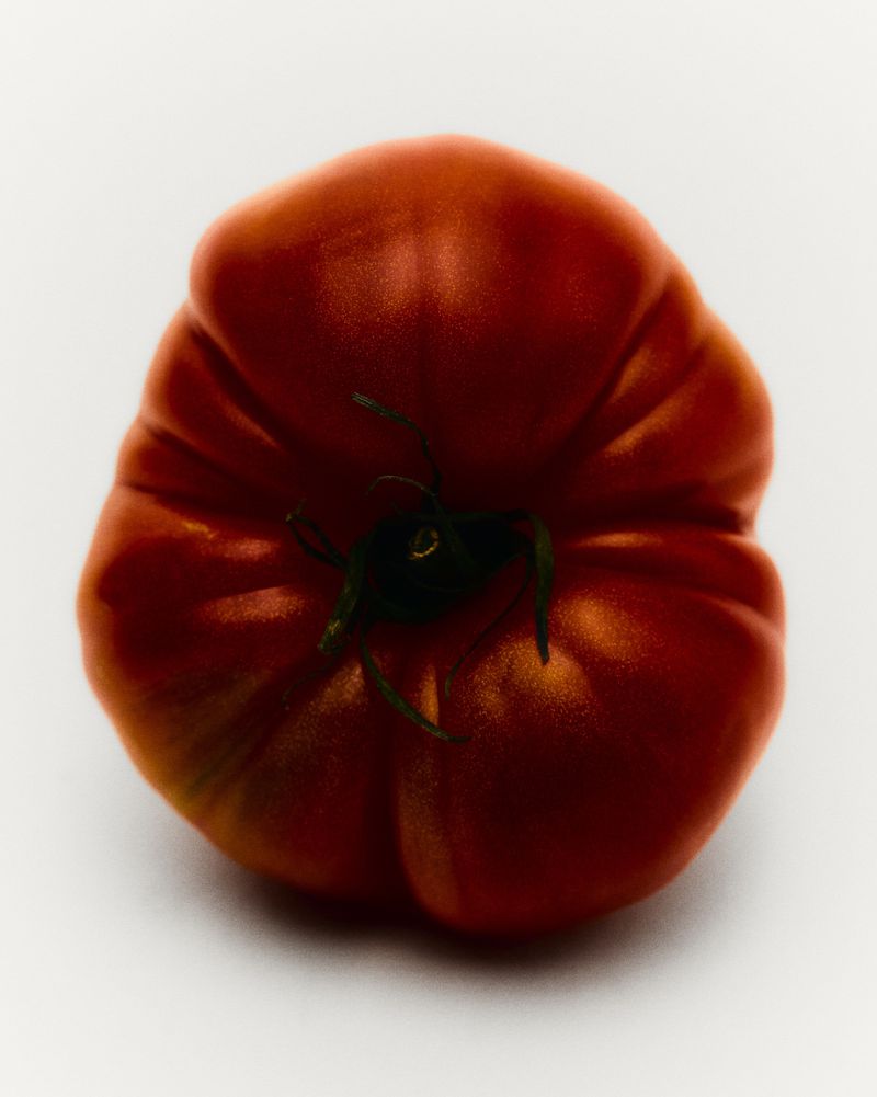 Close-up studio shot of a red heirloom tomato showing off its irregular shape and vibrant color, set against a white backdrop.