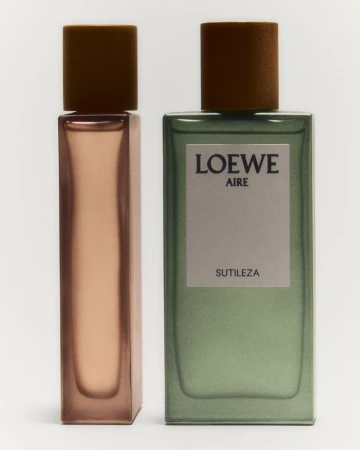 Two Loewe Aire Sutileza fragrances: a rose-tinted rectangular bottle and a green-tinted rectangular bottle with visible branding.