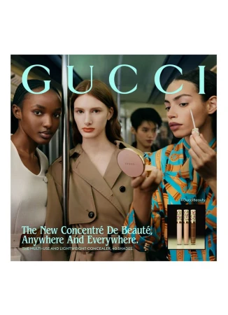 Gucci beauty ad featuring three diverse models in a subway setting, showcasing new concealer product with modern, urban aesthetic.