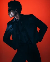A Black male model wearing a black satin suit, dark sunglasses, and an earring poses in profile against a bright red studio background.