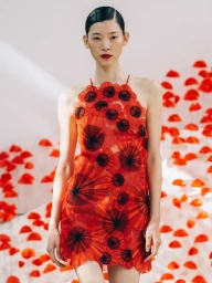 Model wearing a sheer red floral applique dress against a backdrop of red poppy displays for Akris SS24 Backstage