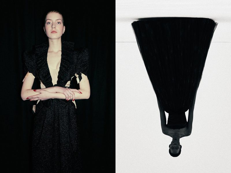 Fashion editorial shot showcasing a woman in an ornate dark dress against a black backdrop, with a flipped mirrored image beside it.