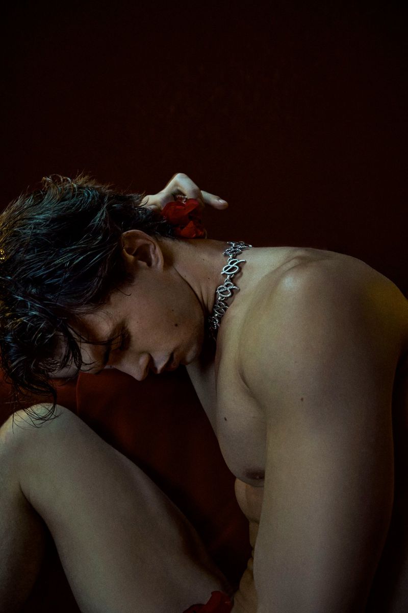 Shirtless young man with dark hair wearing a silver necklace and flower petals, posing in a dark red indoor setting.
