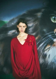 Model in red v-neck sweater with flower brooch standing in front of large painted cat backdrop