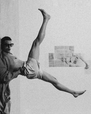 A man wearing sunglasses and shorts poses dynamically with legs extended against a wall beside a tiled photo collage.