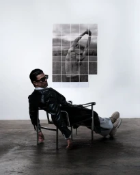 Man in a black leather jacket and sunglasses reclining in a chrome armchair in front of a tiled photo collage on a white wall.