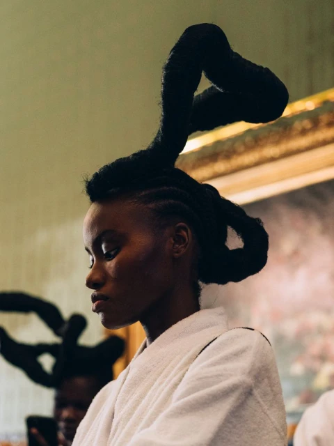 Profile shot of a Black female model with elaborate coiled hairstyle, wearing a white robe, indoors with soft lighting and an ornate background.