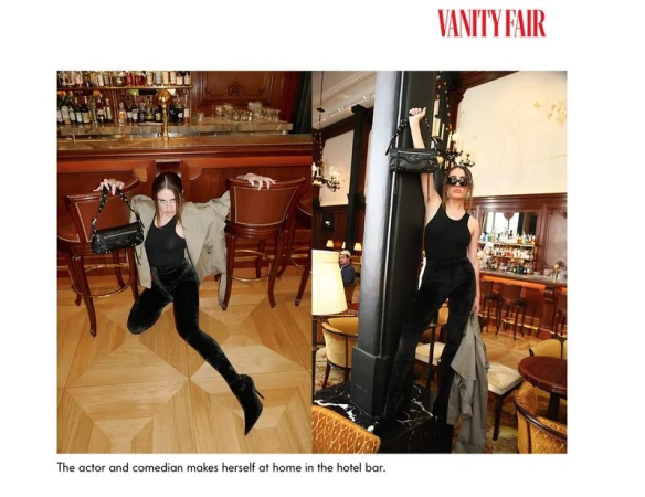Two views of an adult woman in a black outfit with a blazer and heels, posing in a bar next to black columns and dark furniture.
